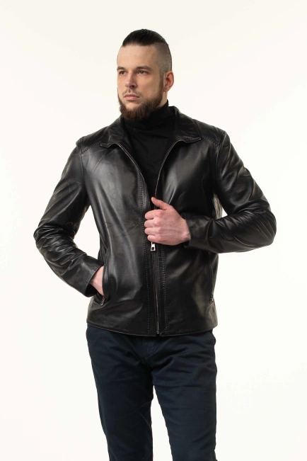 Чоловіча шкіряна куртка чорна гладка-8