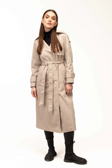 Женский текстильный тренч бежевого цвета-9
