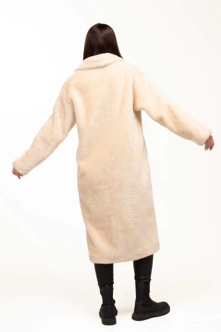 Женская шуба из эко-меха бежевая классическая-2