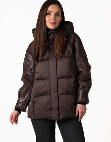 Біопуховик з шкіряними та хутряними вставками