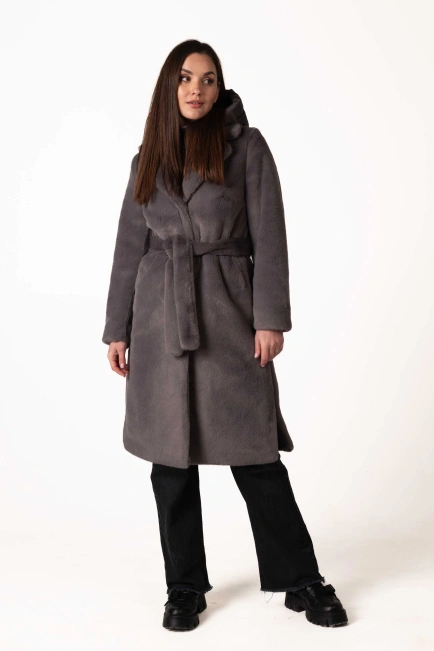 Шуба з екохутра темно-сірого кольору коміром-9