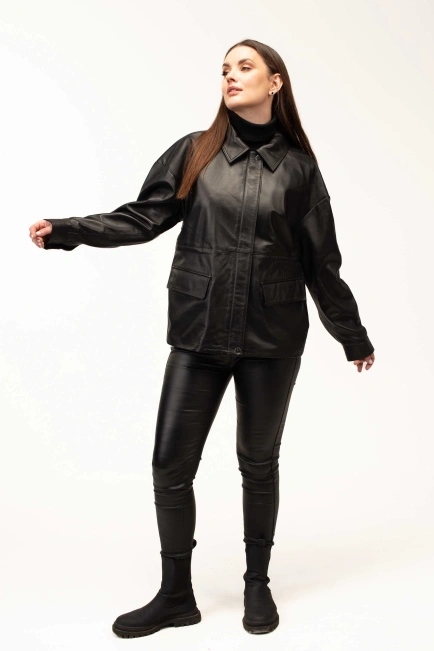 Женская чёрная кожаная куртка-тренч-3