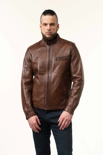 Шкіряна куртка чоловіча коричнева з коміром-4