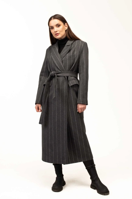 Жіноче пальто сіре в білу тонку смужку-3