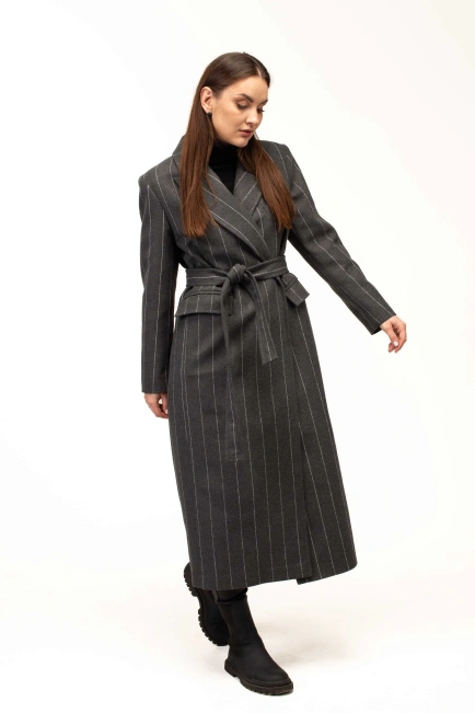 Жіноче пальто сіре в білу тонку смужку-7