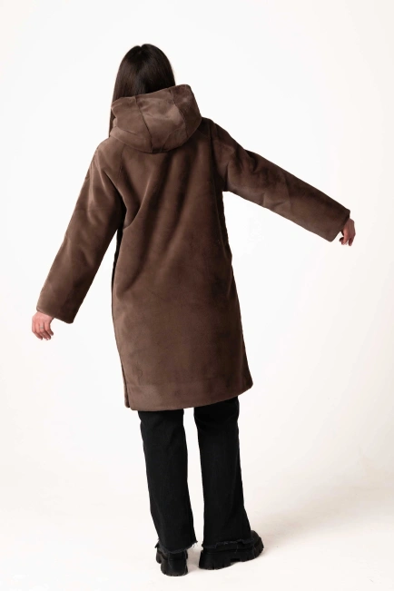 Шуба з екохутра коричнева пряма довга-2