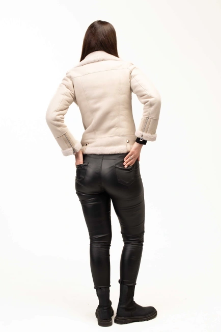 Жіноча біла дублянка з комірцем з овчини-2