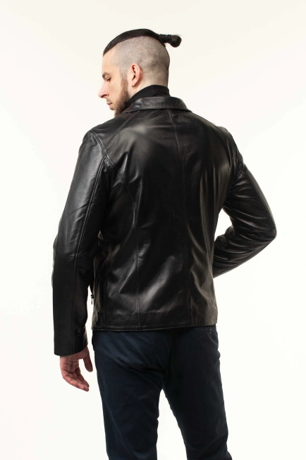 Чоловіча шкіряна куртка чорна гладка-4
