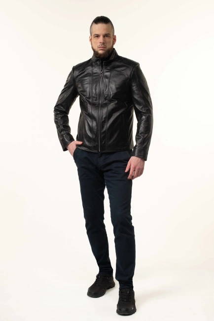 Чорна шкіряна куртка чоловіча з прострочками-6