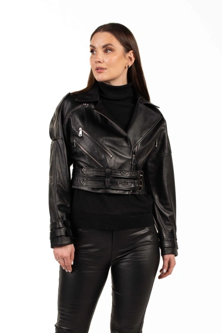 Чёрная кожаная куртка с двумя ремнями-4