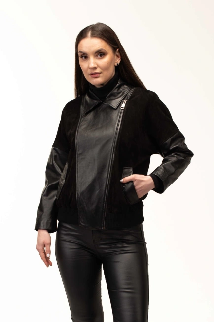 Жіноча чорна шкіряна куртка з замшею-1