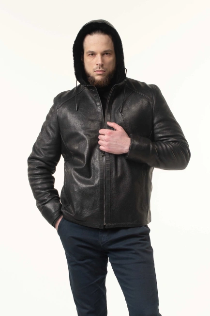 Шкіряна дублянка з капюшоном зимова-4