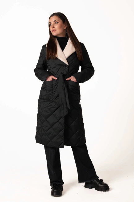 Чорний біопуховик з англійським коміром та поясом-7