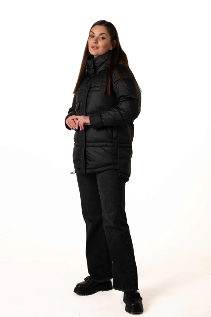 Чорний біопуховик з капюшоном і кулісками-5