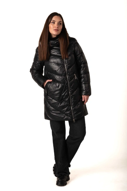 Жіночий чорний біопуховик з накладною кишенею-9