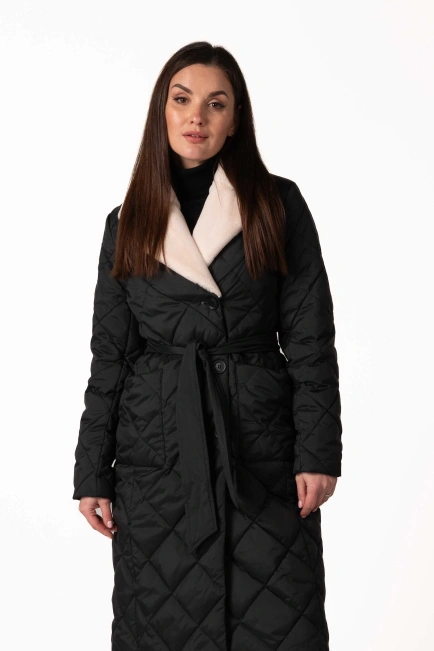 Чорний біопуховик з англійським коміром та поясом-4