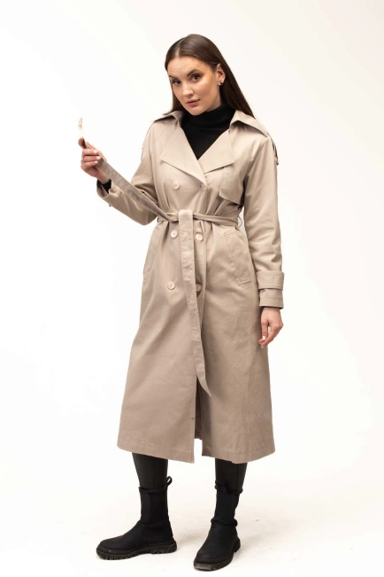 Женский текстильный тренч бежевого цвета-10