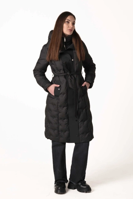 Пуховик з натуральним пухом, капюшоном та поясом-7