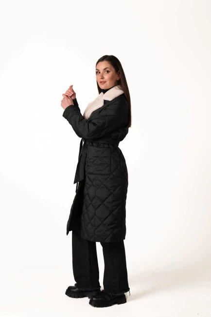 Чорний біопуховик з англійським коміром та поясом-5