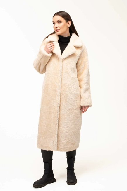 Женская шуба из эко-меха бежевая классическая-9