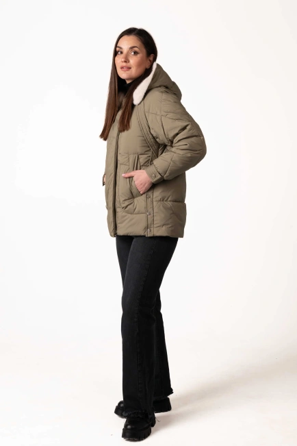 Біопуховик зеленого кольору з екохутром-5