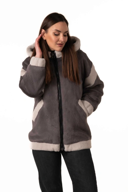 Шуба з екохутра сіра зі світлими вставками-4