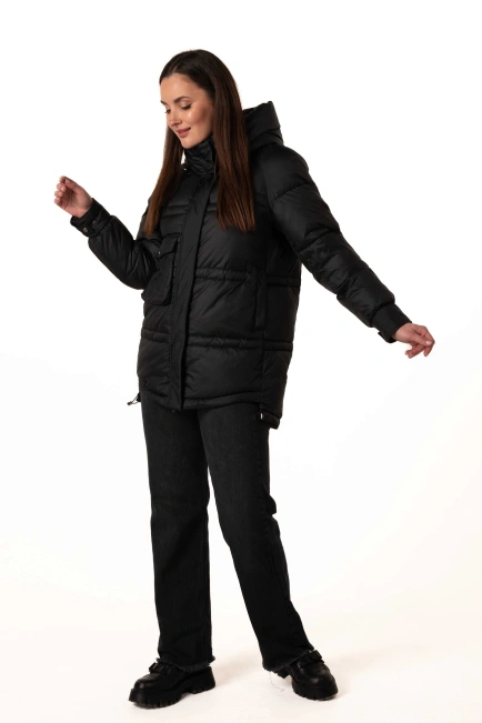 Чорний біопуховик з капюшоном і кулісками-6