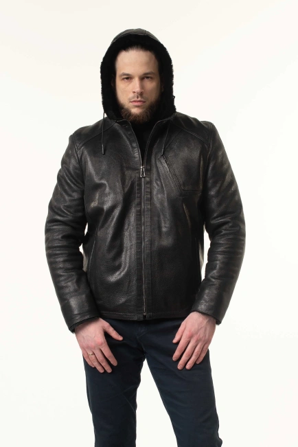 Шкіряна дублянка з капюшоном зимова-9