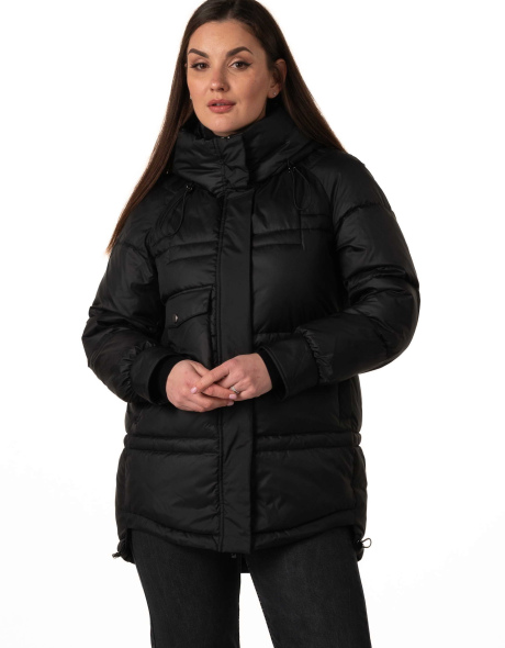 Чорний біопуховик з капюшоном і кулісками