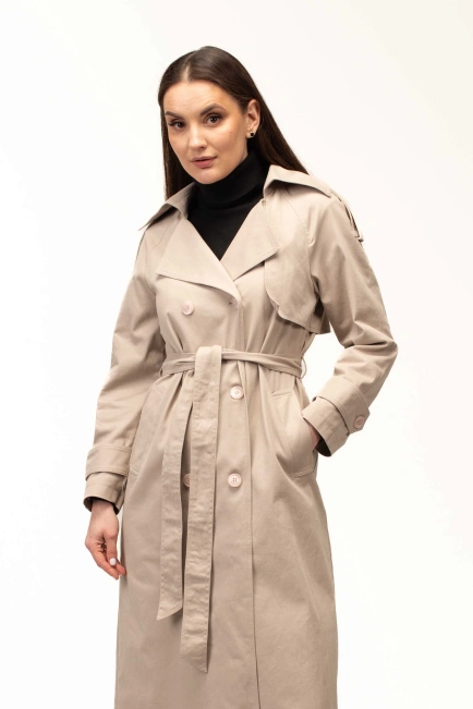 Женский текстильный тренч бежевого цвета-1