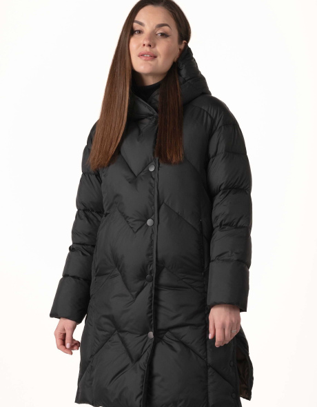 Довгий чорний біопуховик із розрізами з боків