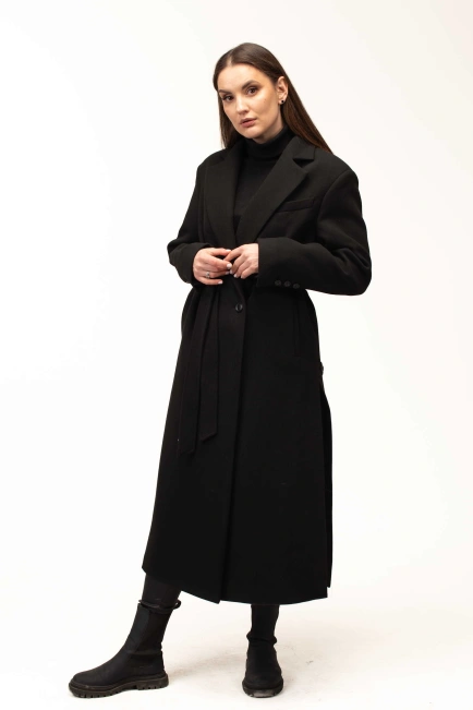 Жіноче пальто чорне з поясом довге-10