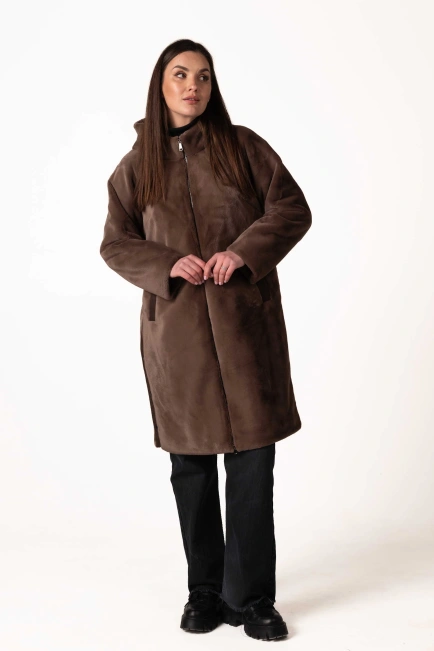 Шуба з екохутра коричнева пряма довга-9