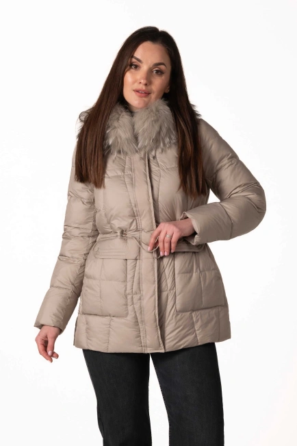 Сірий біопуховик з відстібним капюшоном з хутром-1