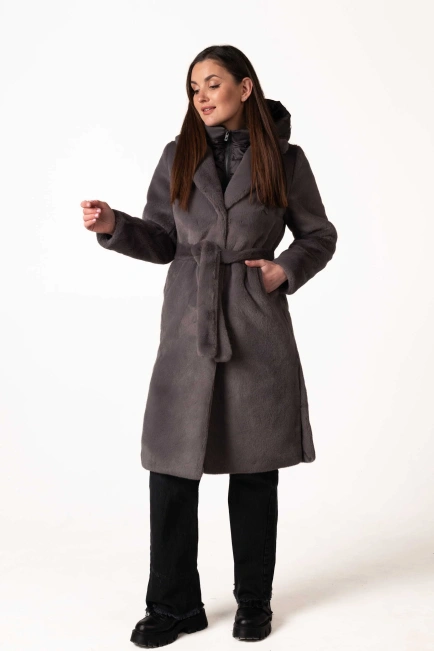 Шуба з екохутра темно-сірого кольору коміром-10