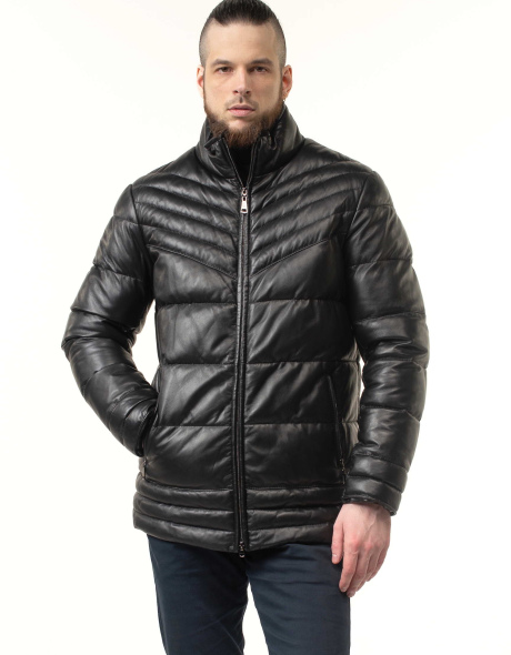 Мужской кожаный биопуховик чёрного цвета