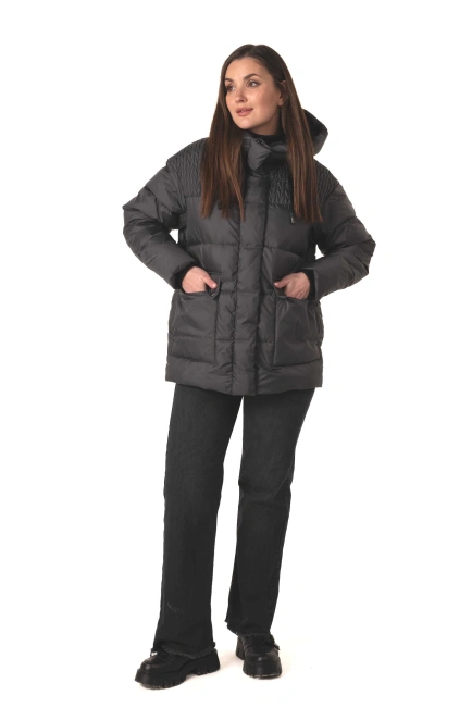 Темно-сірий біопуховик з капюшоном-8