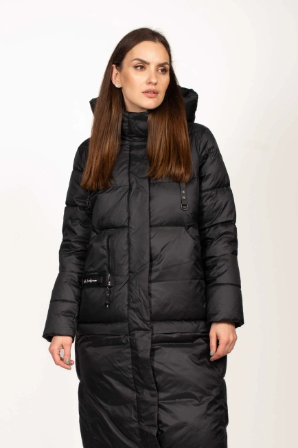 Черный биопуховик с декором на кармане-1