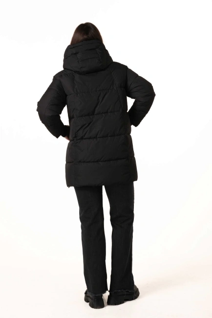 Жіночий чорний біопуховик зі знімним капюшоном-2