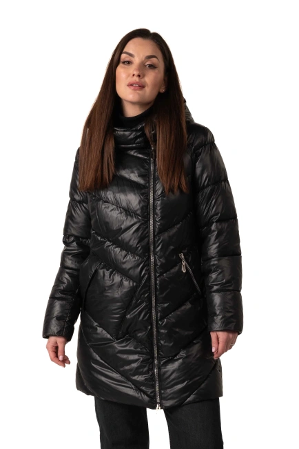 Жіночий чорний біопуховик з накладною кишенею-4