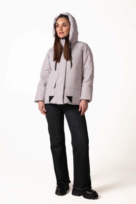 Жіночий світло-сірий біопуховик з капюшоном-10