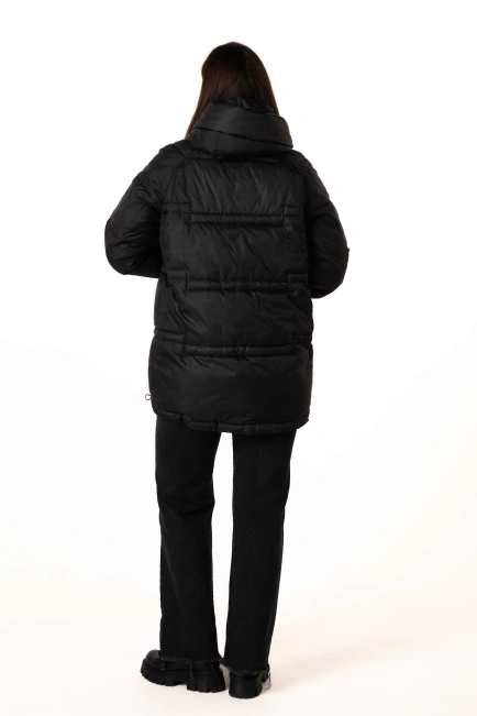 Чорний біопуховик з капюшоном і кулісками-2