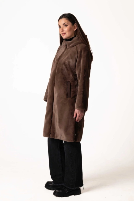 Шуба з екохутра коричнева пряма довга-5