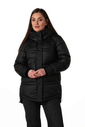 Чорний біопуховик з капюшоном і кулісками