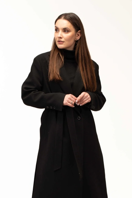 Жіноче пальто чорне з поясом довге-4