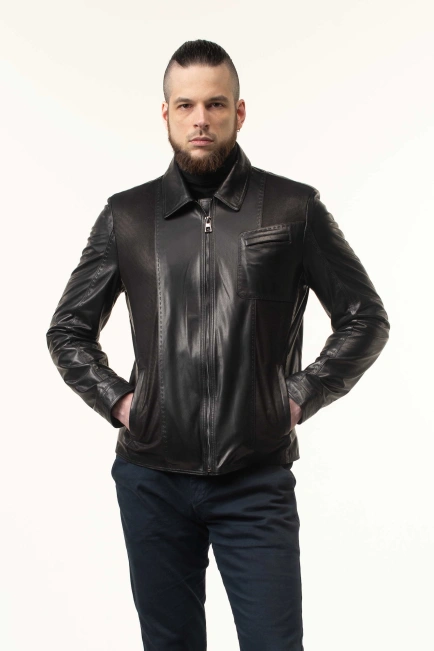 Шкіряна куртка чорна з нагрудною кишенею-4