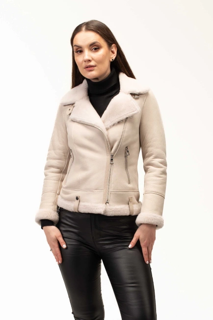 Жіноча біла дублянка з комірцем з овчини-1