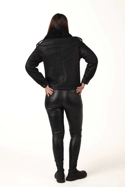 Женская черная дубленка с воротником из тосканы-2