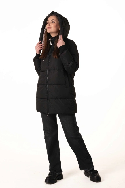 Жіночий чорний біопуховик зі знімним капюшоном-10