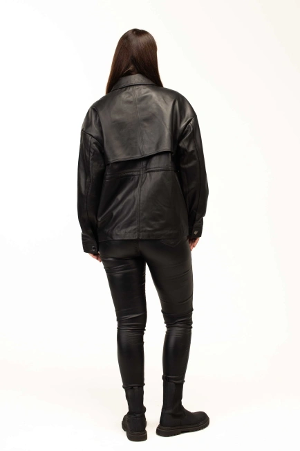 Женская чёрная кожаная куртка-тренч-2